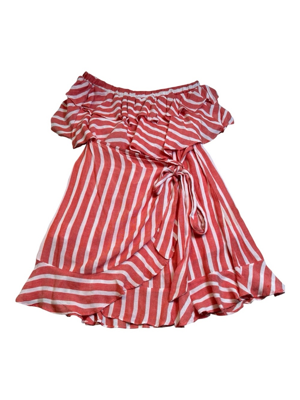 VICI Collection Red & White Striped Off-Shoulder Ruffle Wrap Mini Dress Small